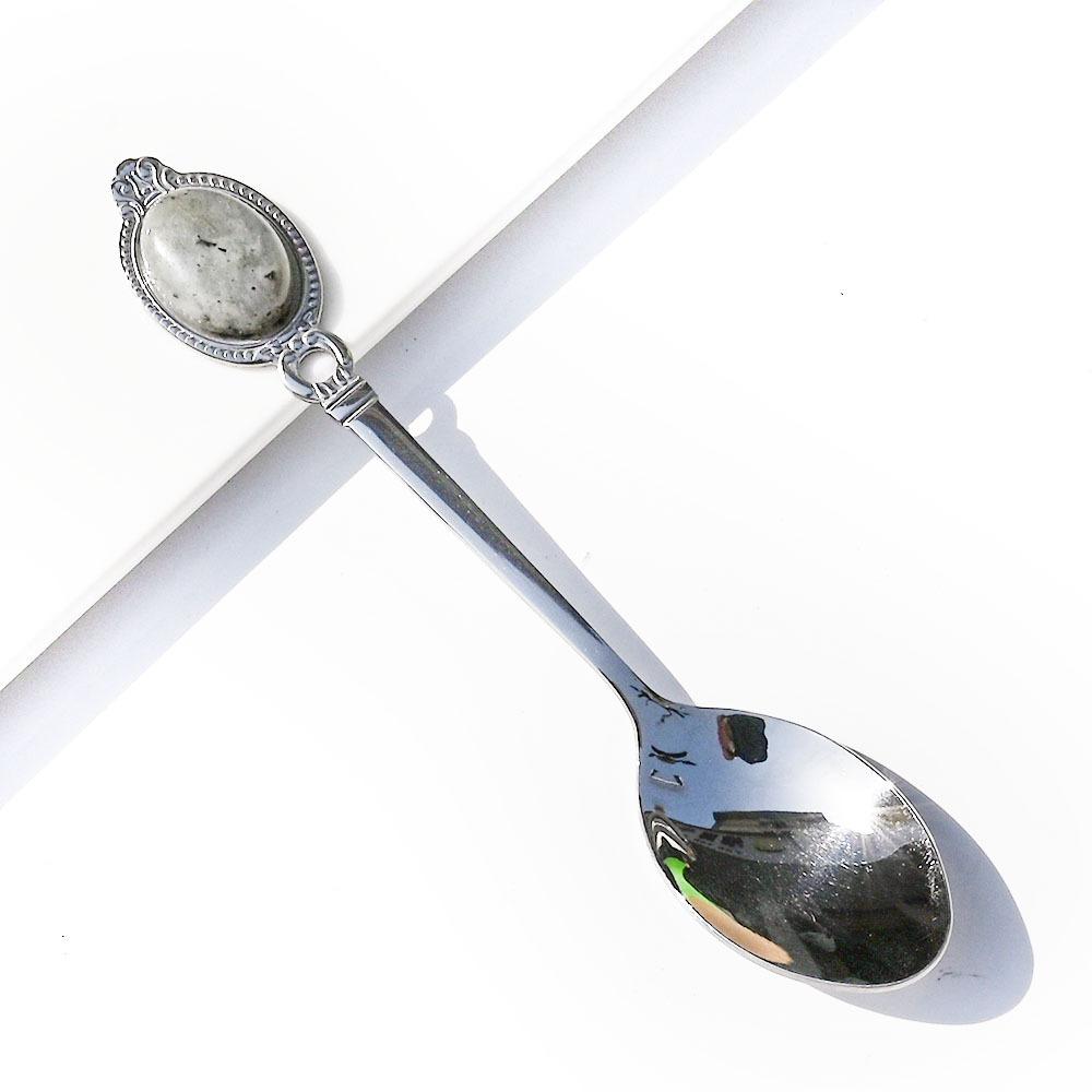 Natural Crystal Stone Stainless Steel Spoon Tea Coffee Dessert Spoons Healing Crystals Rose Quartz Gemstone Creative Home Decor