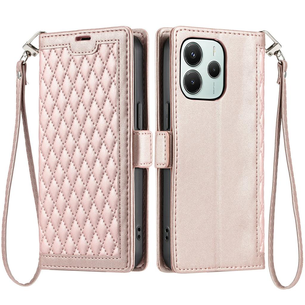 For Xiaomi Redmi Note 14 5G Leather Case Rhombus Texture Wallet Stand Phone Cover with Wrist Strap