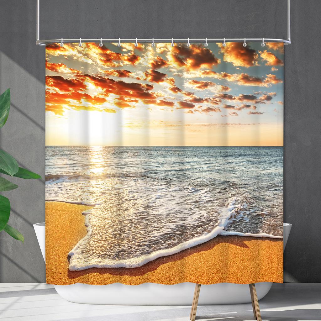 Shower Curtain Waterproof And Mildew-Proof Coconut Tree Beach Beach Bathroom Shower Curtain Shower Curtain Partition Curtain Free Punching