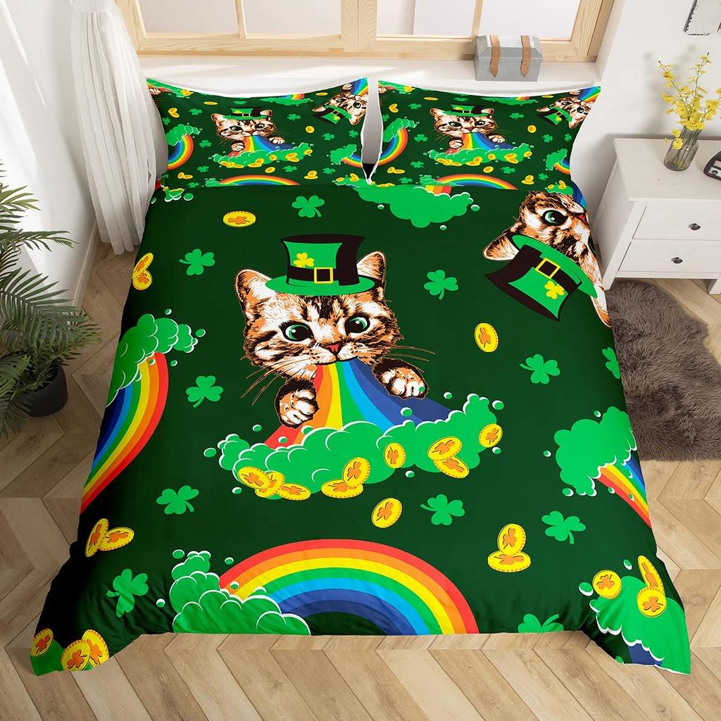 Улица. Пододеяльник ко Дню Святого Патрика Милые кошки Радуга Постельное белье Ретро Счастливый клевер Полиэстер Пододеяльник Милые животные Покрывало