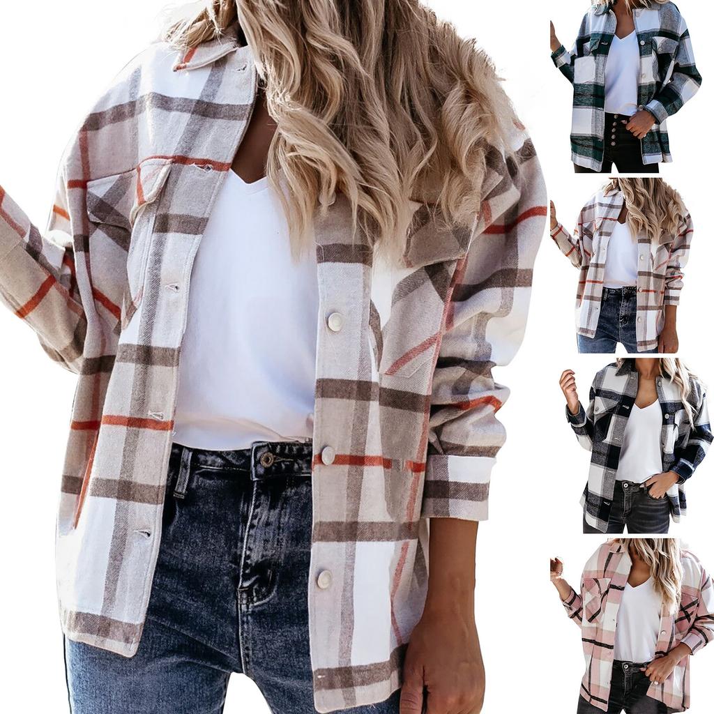 Women's And Winter Fashion Loose Plaid Print Pocket Long Sleeve Jacket