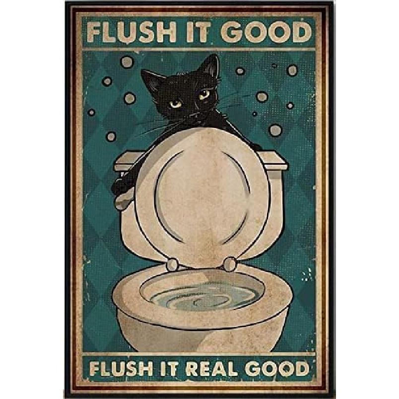 WellDGS Tin Sign Flush It Good Funny Bathroom Black Cat 12x8 Inch