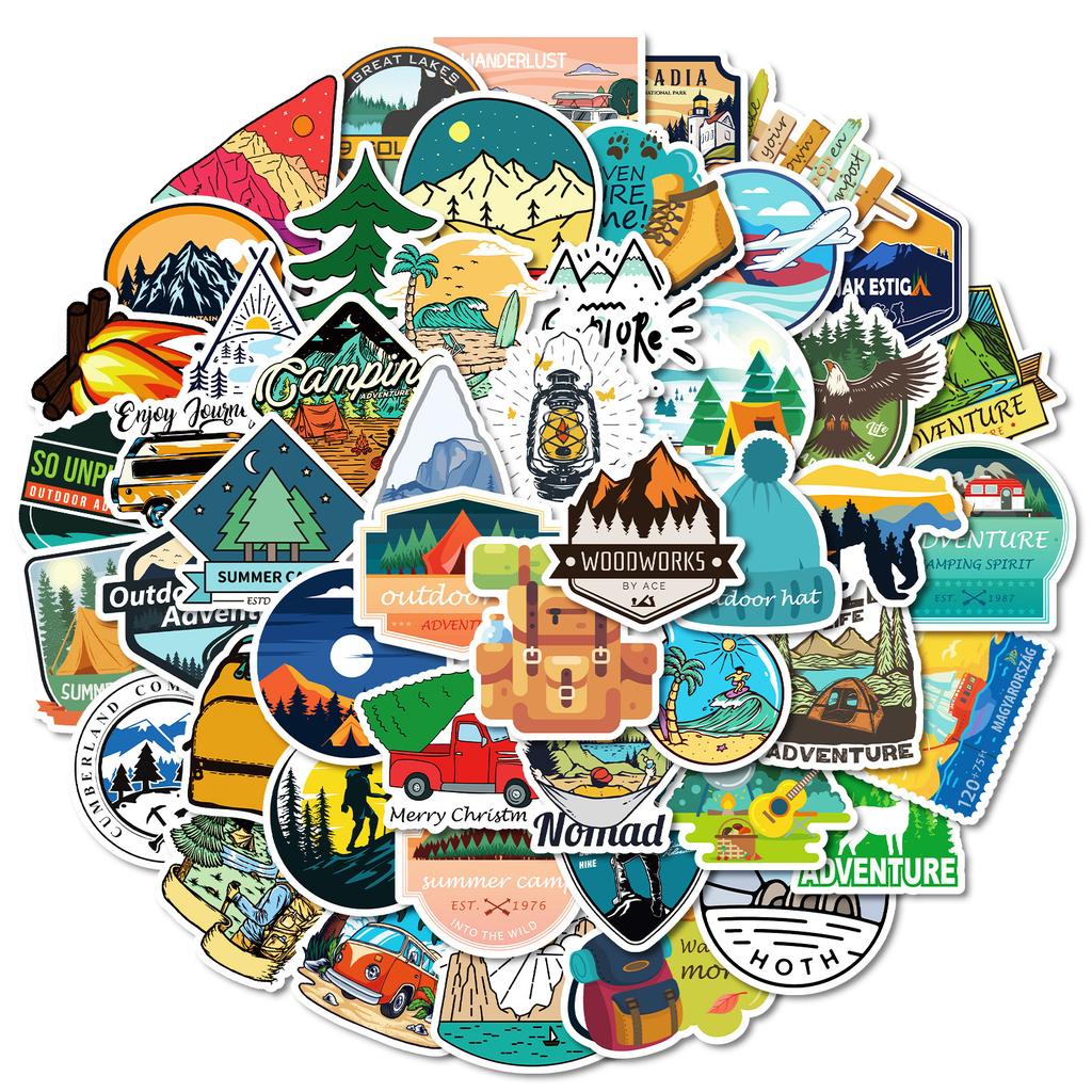 50 Sheets Of Outdoor Camping Theme Pp Waterproof Decorative Stickers Diy Mobile Phone Case Luggage Refrigerator
