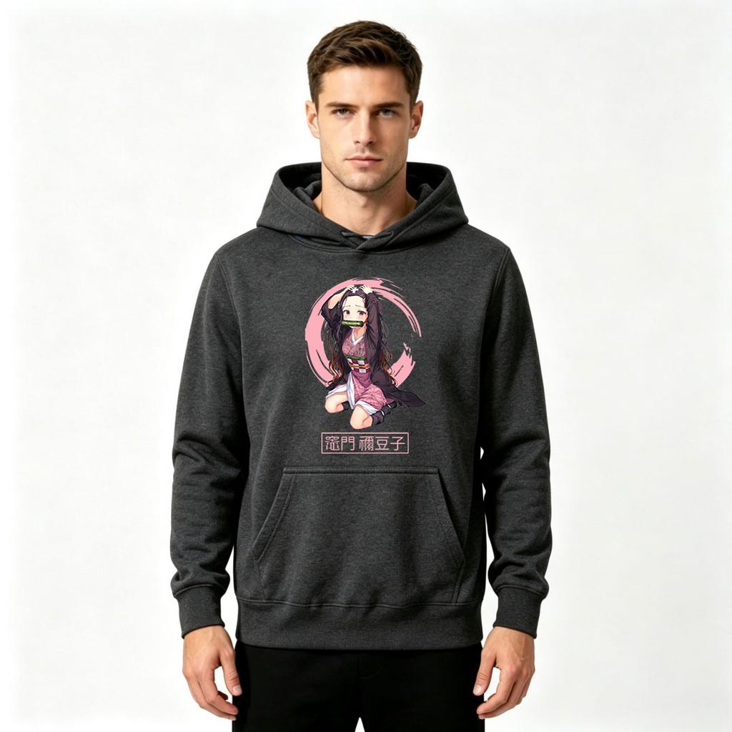 Anime Nezuko Print Men Hooded Sweatshirt Casual Long Sleeve Pullover Hoodie for Men