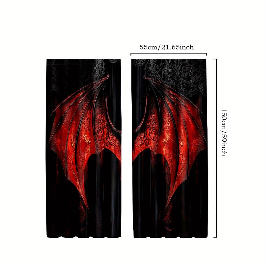 2pcs Gothic Red Bat Pattern Curtains   Semi-Transparent Polyester Drapes with Intricate Black Design for Bedroom & Living Room De