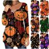 Летняя женская мода повседневная блузка с длинным рукавом и пуговицами на Хэллоуин с круглым вырезом и принтом