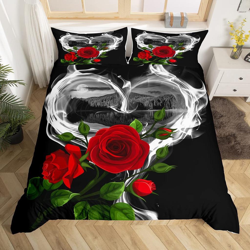 Valentine's Day Rose King Queen Duvet Cover Red White Floral Bedding Set Romantic Flowers Quilt Cover Polyester Comforter Cover