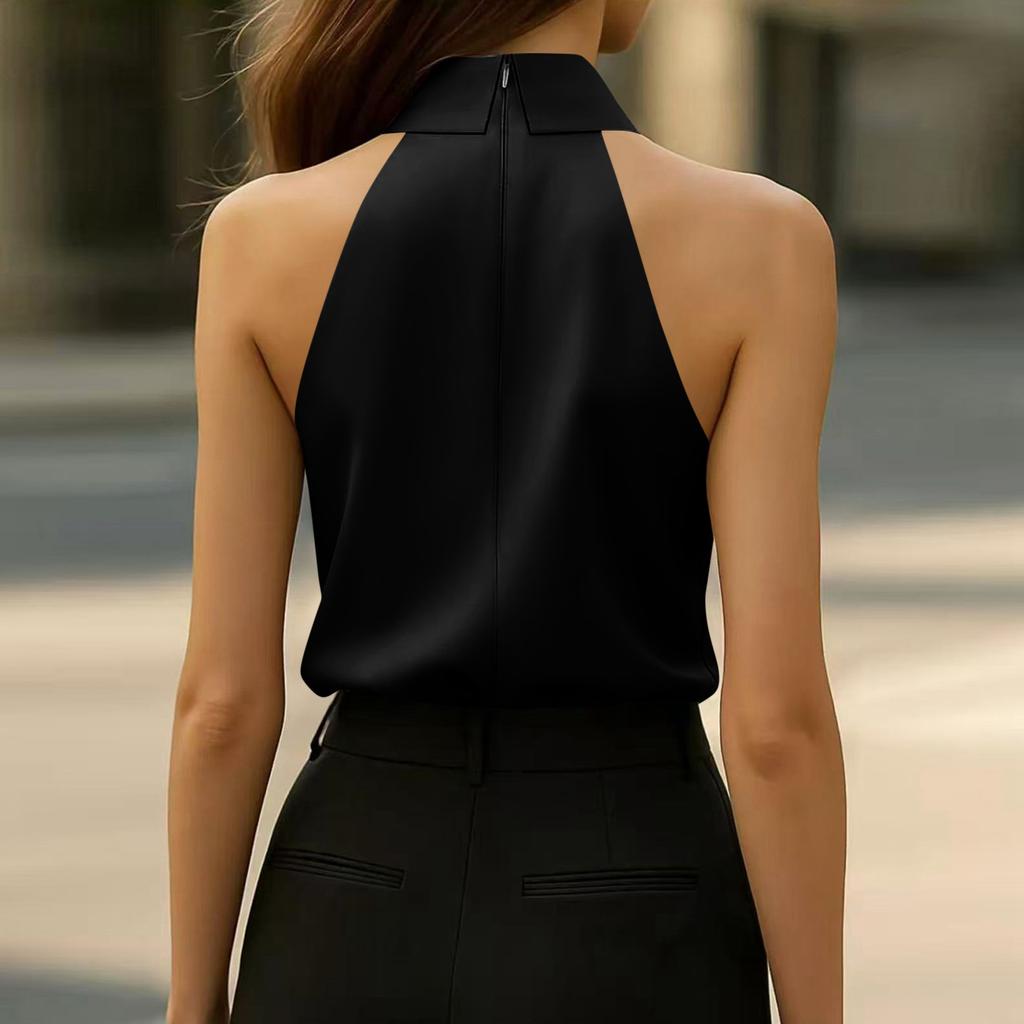 Женская Мода Однотонная Безрукавная Блузка-Майка с Воротником и Завязками