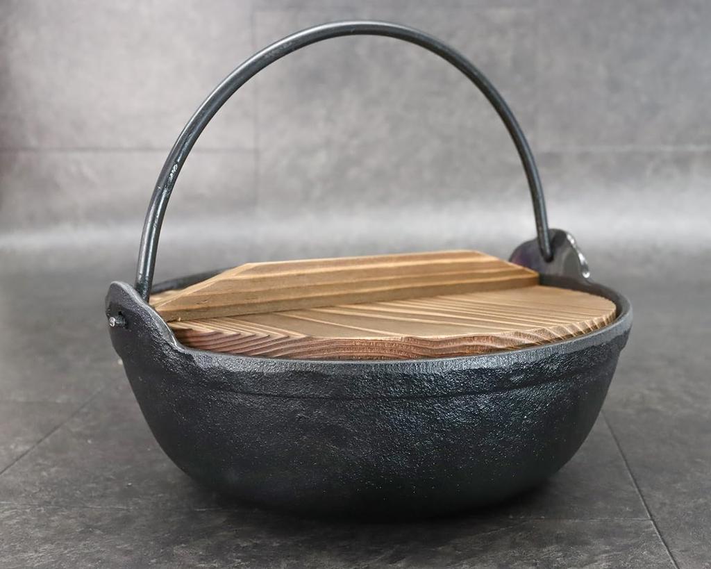 Asahi Irori Pot, Black Enamel, 24cm (2L Capacity), with Wooden Lid (Gas and IH Compatible), Commercial Use