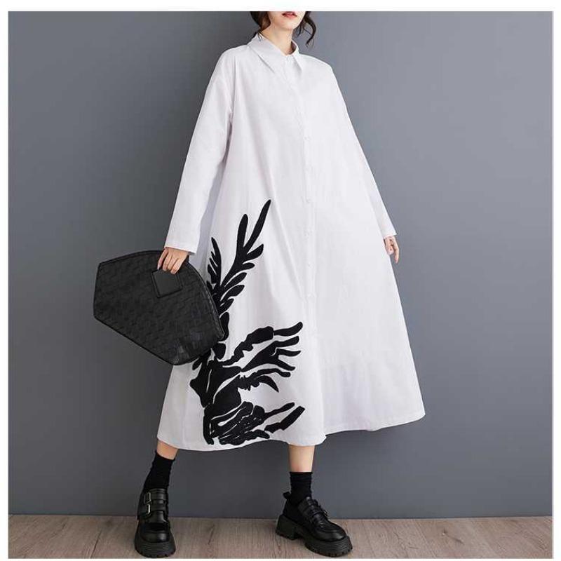 Loose Large Size Splicing Casual Simple Printed Sweet Long Sleeve Shirt Dresses