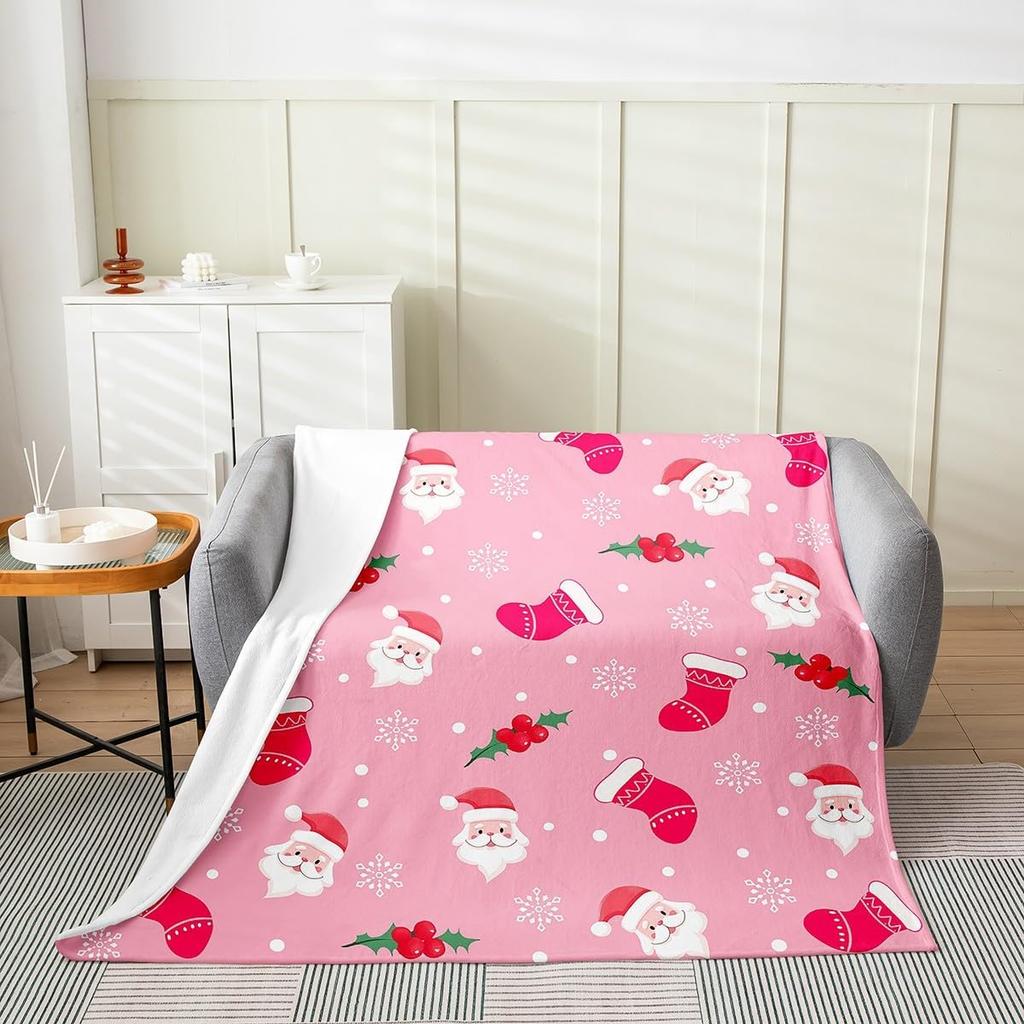 Christmas Plush Throw Blanket Bow Flannel Blanket Baby Candy Canes Print All Season Xmas Tree for Couch Bed Sofa Bedroom Decor