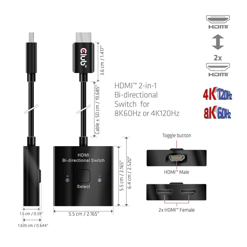 Club3D HDMI двунаправленный переключатель 8K60Hz 4K120Hz 2 входа 1 выход / Селектор/Разветвитель 2-в-1 (CSV-1384)