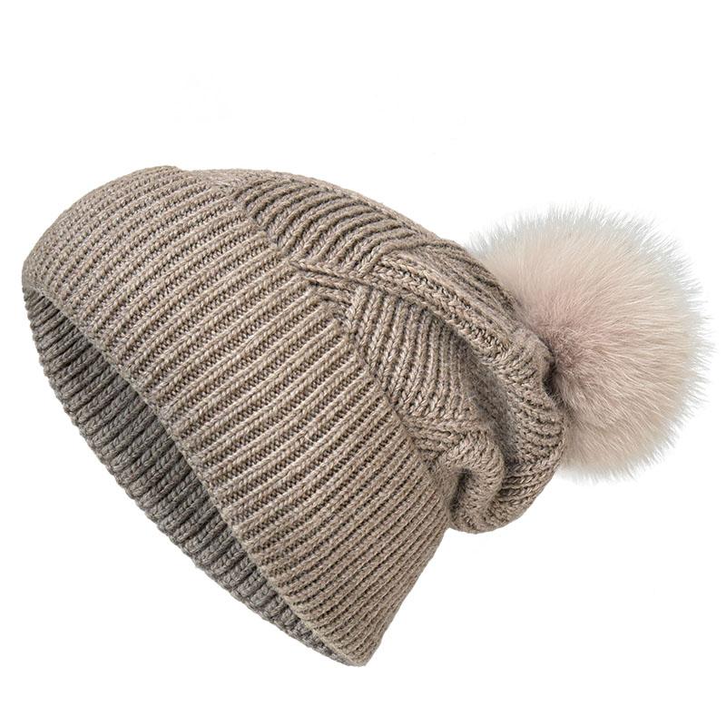 Winter Women Fur Pom Pom Knitted Beanie Hats Warm Wool Cashmere Beanie Bobble Hat Factory