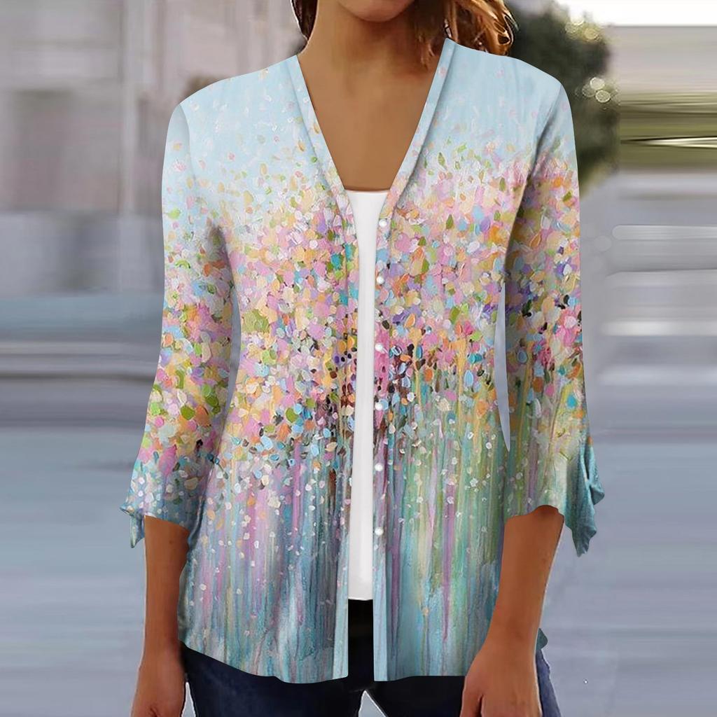 Women's Fashion Loose Casual Printed Seven-Part Sleeve Button Down Blouse Cardigan Top