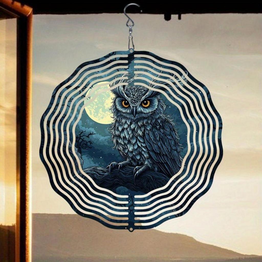 Enchanting Owl on Branch 2D Metal Wind Spinner for Garden Patio Decor Rotating Outdoor Art with 360 Hook Durable Reflective Thanksgiving