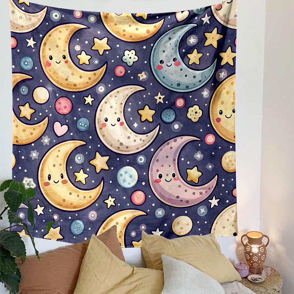 Cute Moons and Stars Cartoon Pattern Patterned Tapestry Decorative Wall Hanging, Home Bedroom Living Room Decor