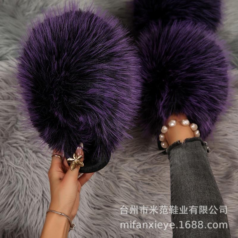 Leopard print long hair bag head warm cotton slippers women's fluffy hair slippers