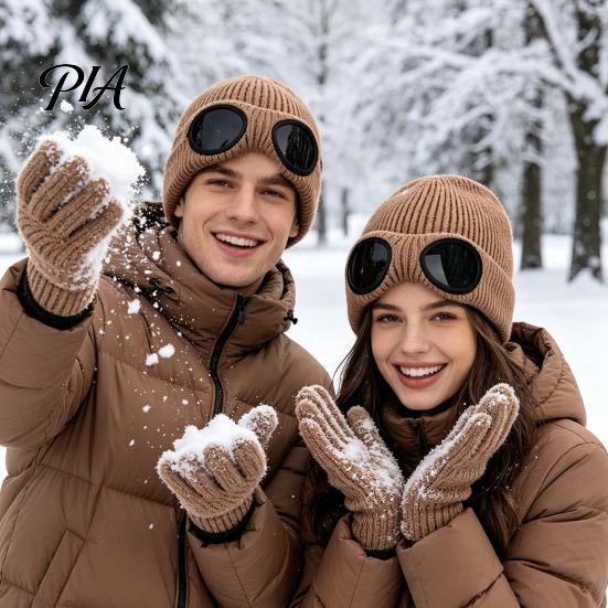 Warm Hat for Most Head Sizes 2Pcs Fleece Lined Hats with Goggles, Winter Knit Casual Accessory Outdoor Activities Hats, Windproof Skiing Caps
