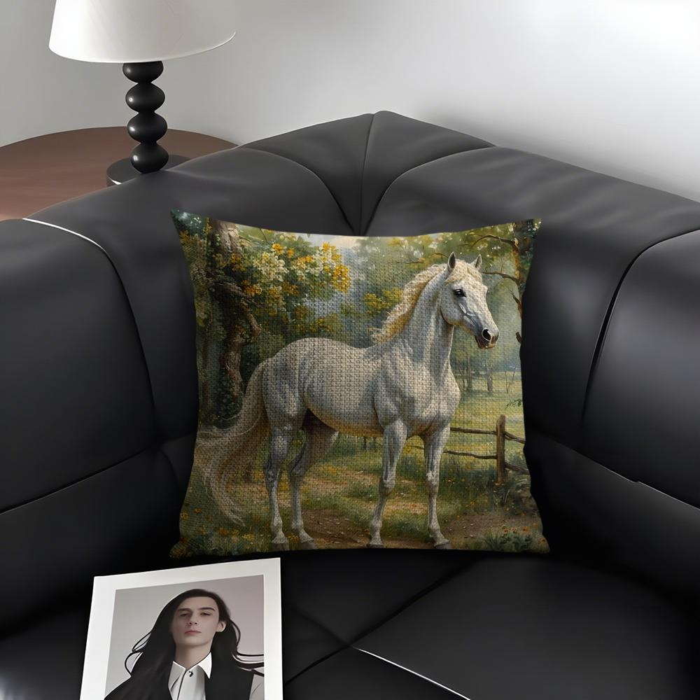 White Horse Luxury Cushion Cover Natural Linen Organic Fabric DoubleSided Printing Sofa Home Decor Gift Pillow Case