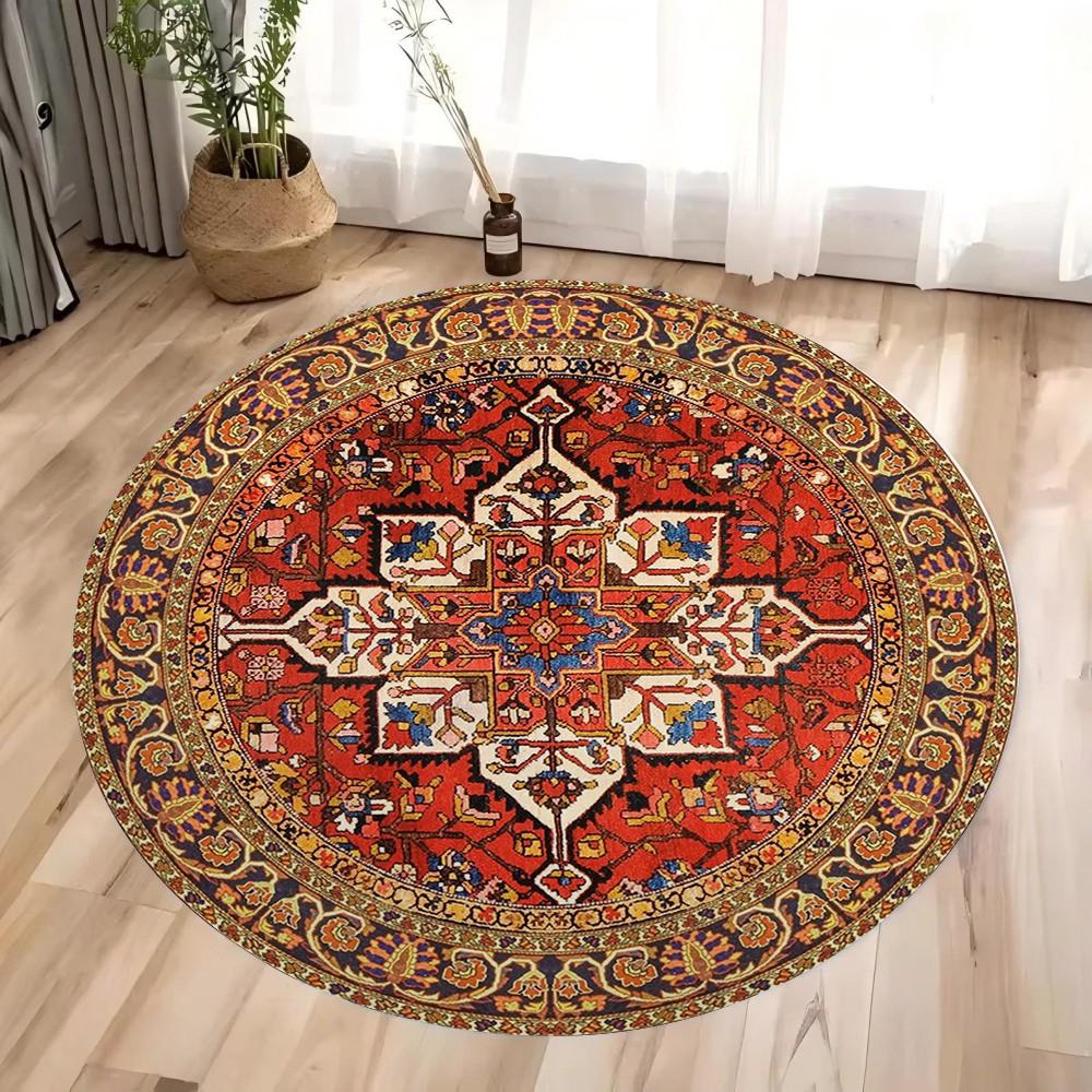 Vintage Red Persian Round Area Rug Traditional Oriental Floral Medallion Floor Carpet for Living Room Bedroom Home Decor