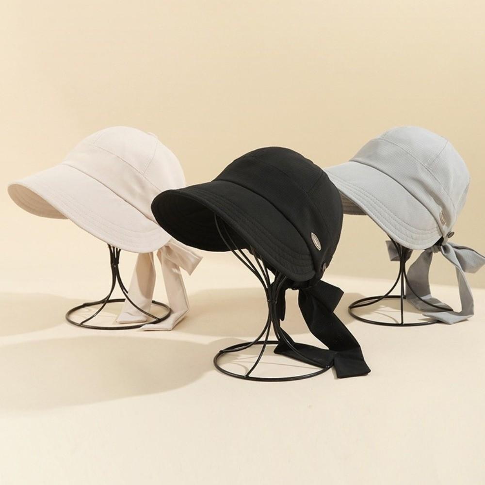 Solid Color Wide Brim Bucket Hat with Bow Peaked Cap Simple Women Sun Hat  Fishing