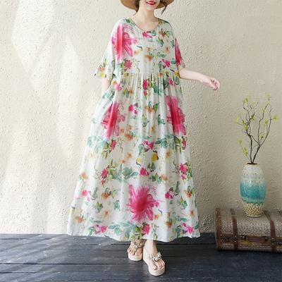 Реальное фото летнее тонкое хлопково-льняное платье с круглым вырезом, коротким рукавом, простым цветочным богемным средним и длинным фасоном, женское