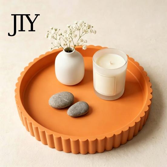Jewelry Organizer Tray Round Decorative for Coffee, Dining Table, Countertop, 3D Printed Scalloped Aromatherapy Storage Edge Serving Farmhouse,