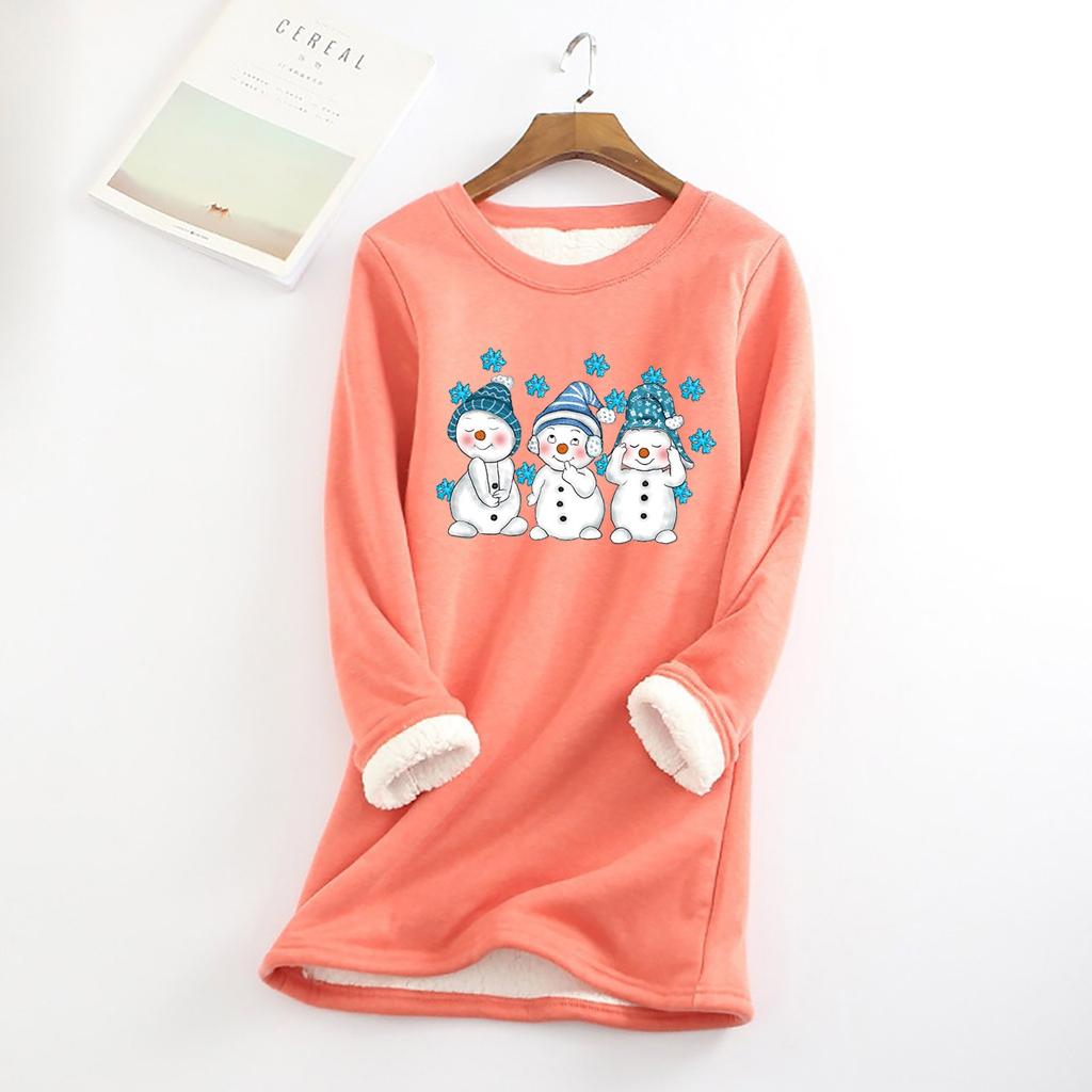 Женский круглый вырез с принтом из утолщенного плюша и кашемира, теплый длинный топ