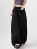 Women Big Pockets Cargo Pants Y2k High Elastic Waist Drawstring Baggy Trousers Vintage Casual Loose Wide Leg Straight Pants