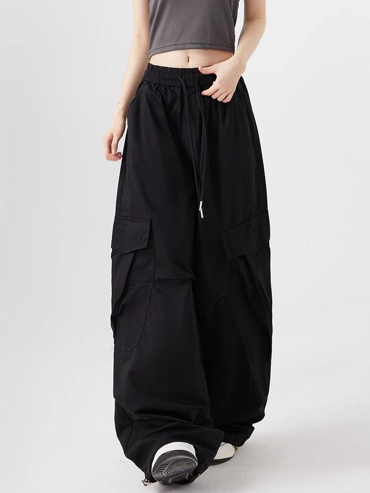Women Big Pockets Cargo Pants Y2k High Elastic Waist Drawstring Baggy Trousers Vintage Casual Loose Wide Leg Straight Pants