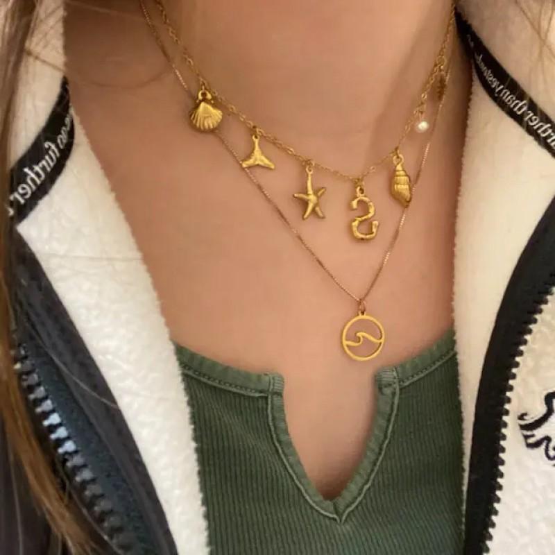 Boho Beach Pendant Necklace With Starfish Shell Charms Gold Stainless Steel Vacation Jewelry