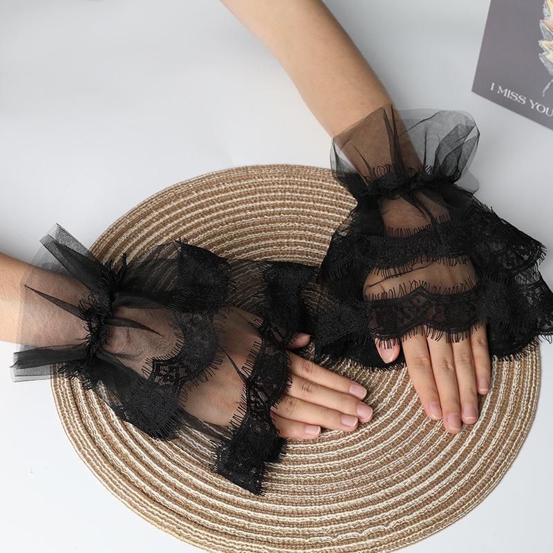 Черное кружевное украшение, нарукавники, Лолита, тюль, сетка, ресницы, оборки, запястье, накладные манжеты, съемный расклешенный браслет, Хэллоуин, без пальцев