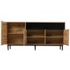 Buffet moderne en bois, meuble de rangement à 3 portes avec étagères ouvertes, 160 x 35 x 76 cm, pieds hauts, couleur bois naturel.
