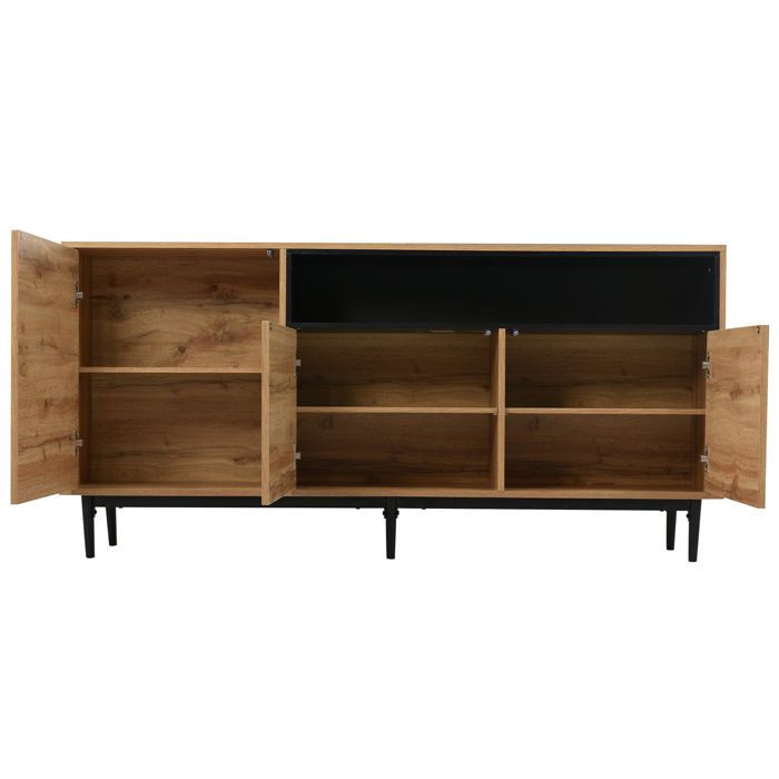Buffet moderne en bois, meuble de rangement à 3 portes avec étagères ouvertes, 160 x 35 x 76 cm, pieds hauts, couleur bois naturel.