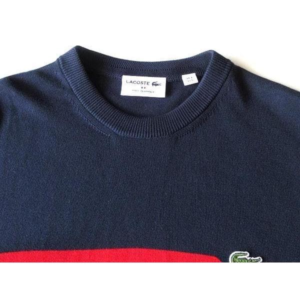 Б/у Хорошее состояние Сделано во Франции LACOSTE AH6788 Нашивка с логотипом-крокодилом Свитер с воротником-стойкой из органического хлопка Вязаный FR:3 США:S Темно-синий Синий Красный