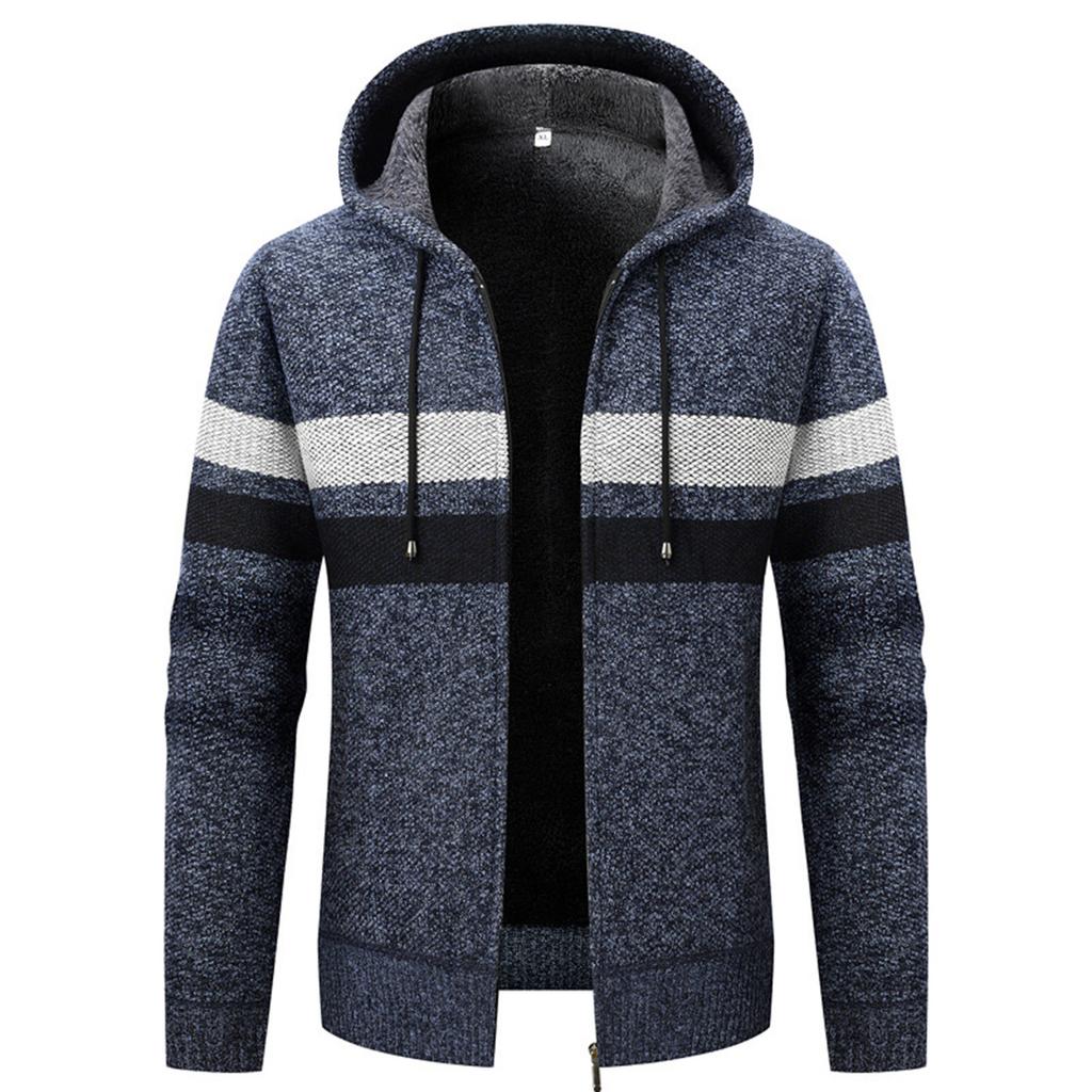 Мужской кардиган с капюшоном, полосатый, плюшевый, утолщенный, с длинным рукавом, теплый вязаный свитер