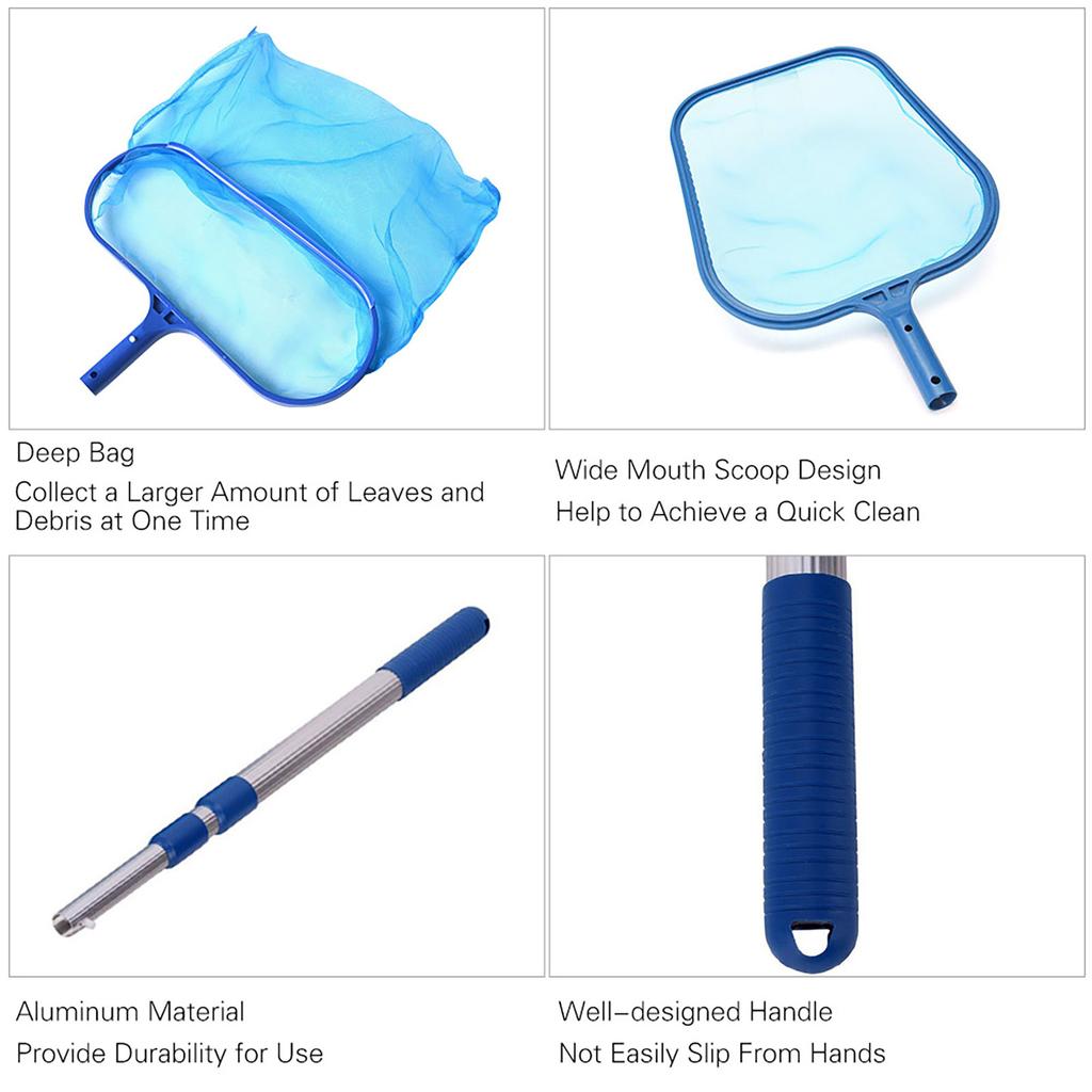 Swimming Pool Skimmer Net Set Includes 1 PCS Deep Leaf Skimmer Net 1 PCS Leaf Rake with Mesh Net Bag 1 PCS Aluminum