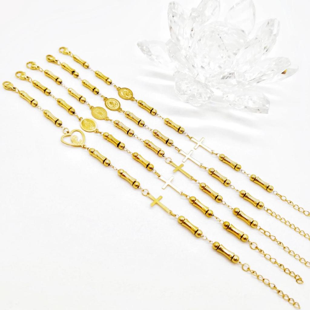 Women's Gold Bamboo Bead & Cross Guardian Bracelet