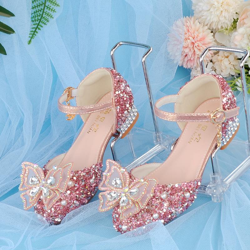 New Arrival: Girls' Crystal Bow High Heels - Shiny Princess Shoes for Piano Performances, Leather Material