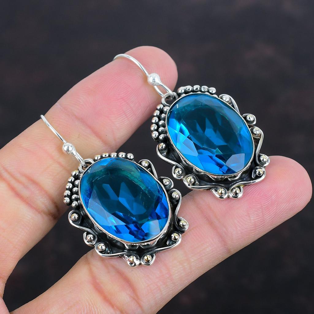 Серьги с ограненным швейцарским голубым топазом, ювелирные изделия ручной работы из драгоценных камней, серьги из стерлингового серебра 925 пробы, ювелирные изделия из швейцарского голубого топаза, висячие серьги, подарки для нее