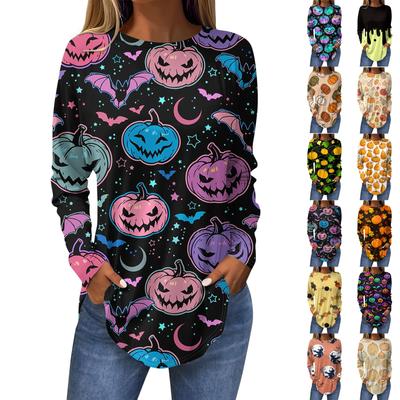Футболки для женщин, осенние повседневные рубашки с длинными рукавами, толстовка, винтажный топ с графическим принтом, пуловер на Хэллоуин
