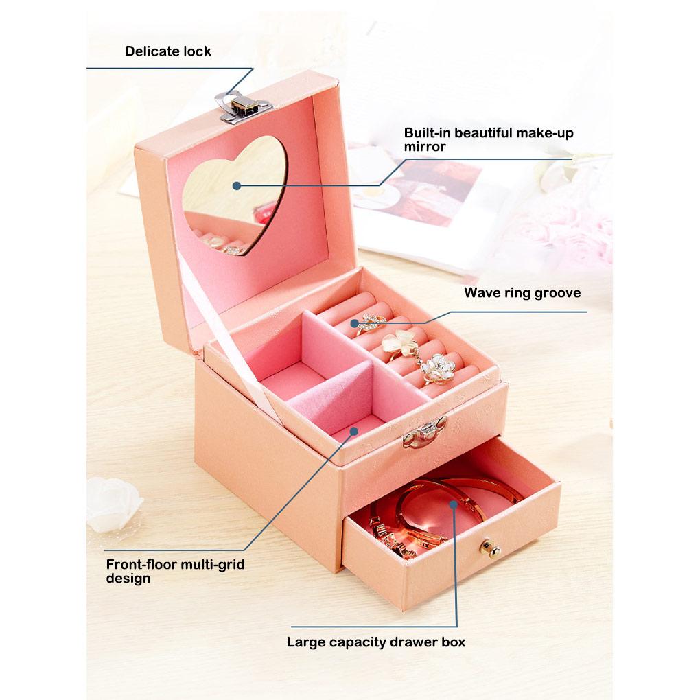 Jewelry Double-layer Grids Box Case Display Heart-shape Mirror Drawer Container Storing Fashionable Collection Gift