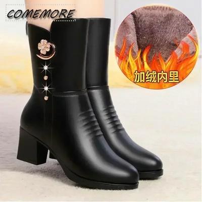 Ботильоны из мягкой кожи для женщин весна-зима с мягкой теплой молнией сбоку, круглым носком, на высоком каблуке, женские повседневные туфли для мам из искусственной кожи