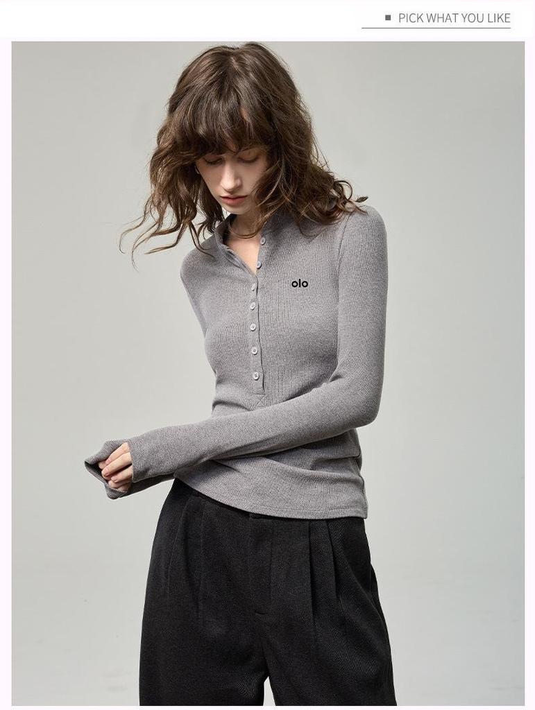 Women's Brushed Button Henley Long Sleeve T-Shirt - Autumn 2025 Print Slim Base Layer Top