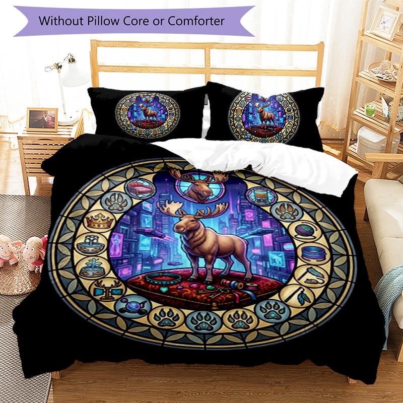 Moose Glass Cityscape Pattern Bedding,Quilt Set Quilt Cover Pillowcase Home Birthday Gift (1 * duvet cover + 2 * pillowcase, without core)