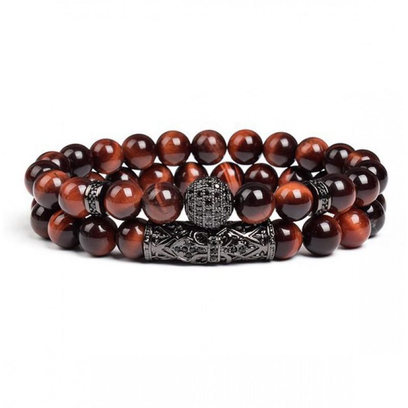2pcs 8mm Red Tiger Eye Micro Pave Crown Beads Stretch Bracelet Unisex Hand Jewelry