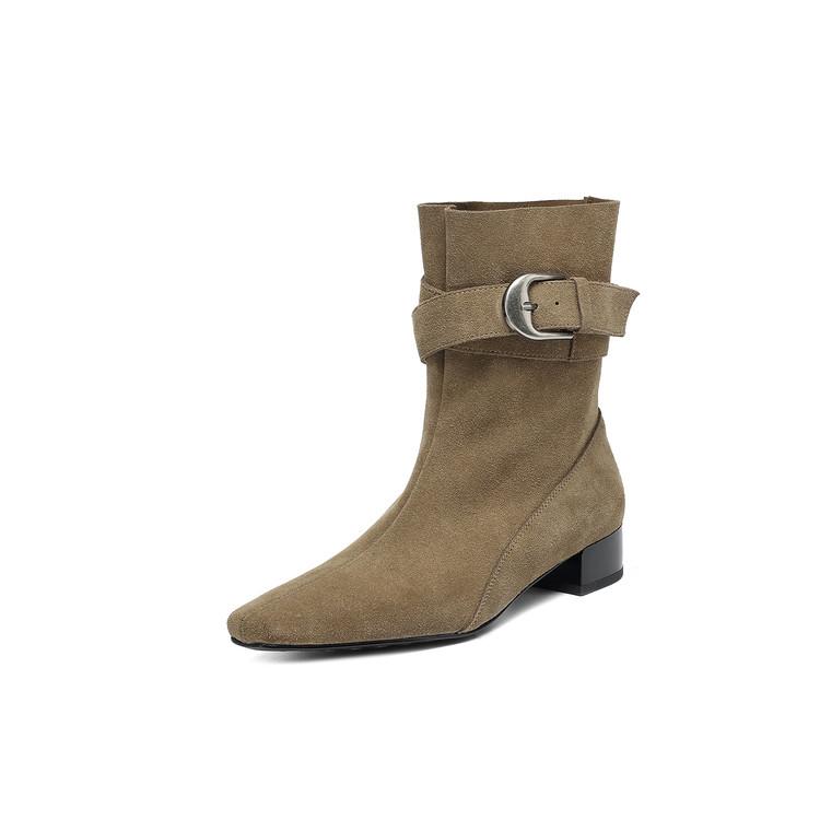 Fashion New Autumn/winter Cow Suede Women Boot Square Toe Shoes for Women Fashion Boots Low Heels Buckle Work Boots Western Boots