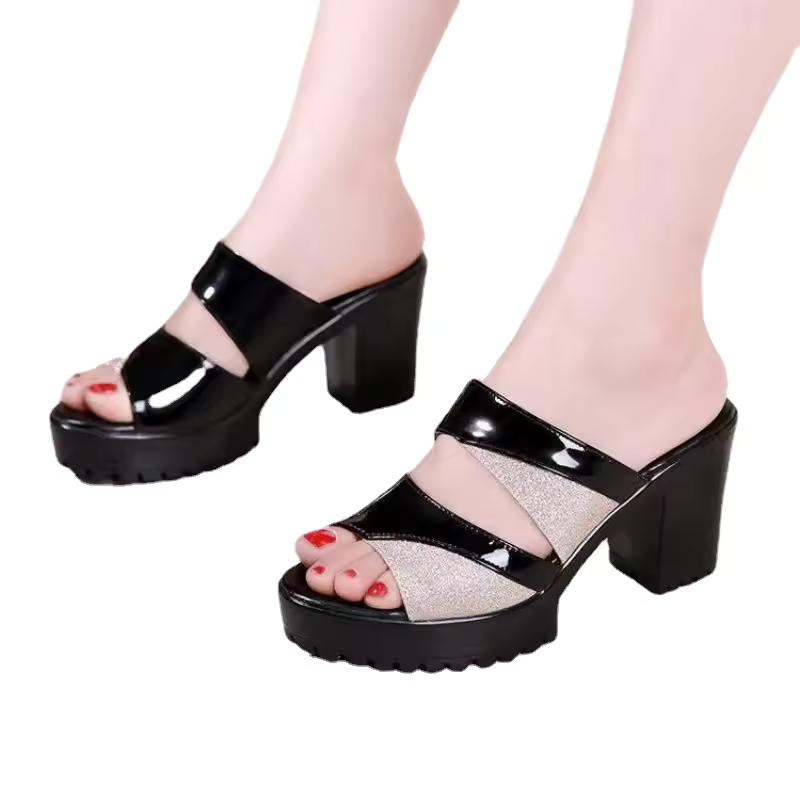 Women Retro Sandals Summer High Heel Platform Slippers Woman Fashion Outdoor Bright Leather Comfort Peep Toe Casual Sandals