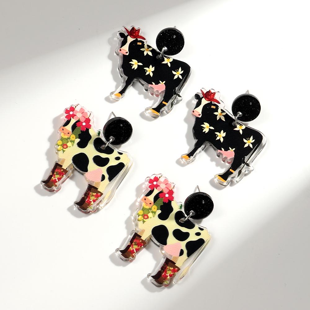 Cute Flower Cow Acrylic Print Earrings for Women Girls New Cartoon Hat Boot Cattle Animals Drop Earring Lovely Jewelry Gifts