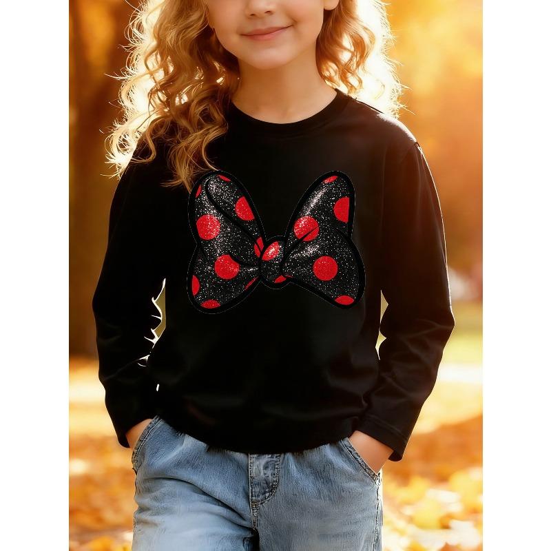 European sizes Kids Long Sleeve TShirt Cartoon Bow Print with Red Dots Glitter Elements Skinfriendly Soft Comfortable Breathable Daily Casual Wear